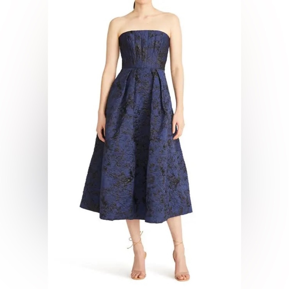 $545 NWT Blue ML Monique Lhuillier “Isabel” Metallic Jacquard Midi Dress Sz 4